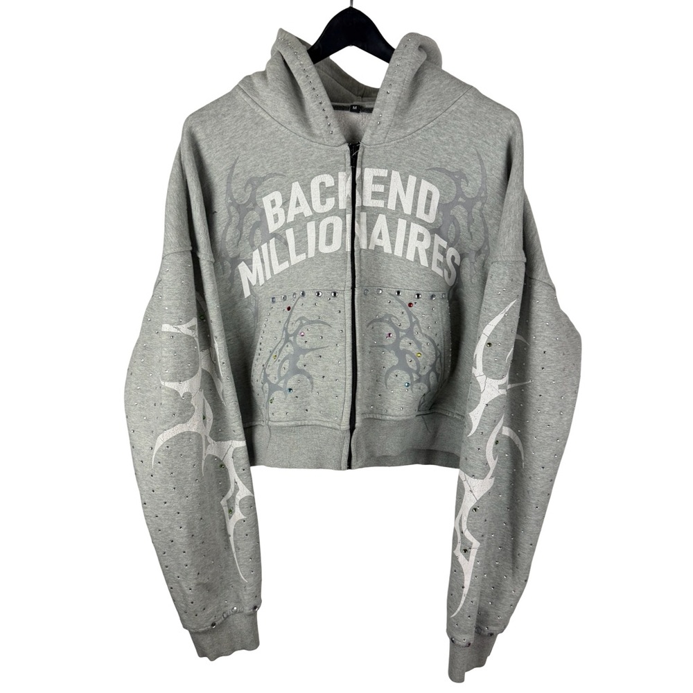 Mens Y2K Backend Millionaire Rhinestone Cropped Streetwear Hoodie Size M